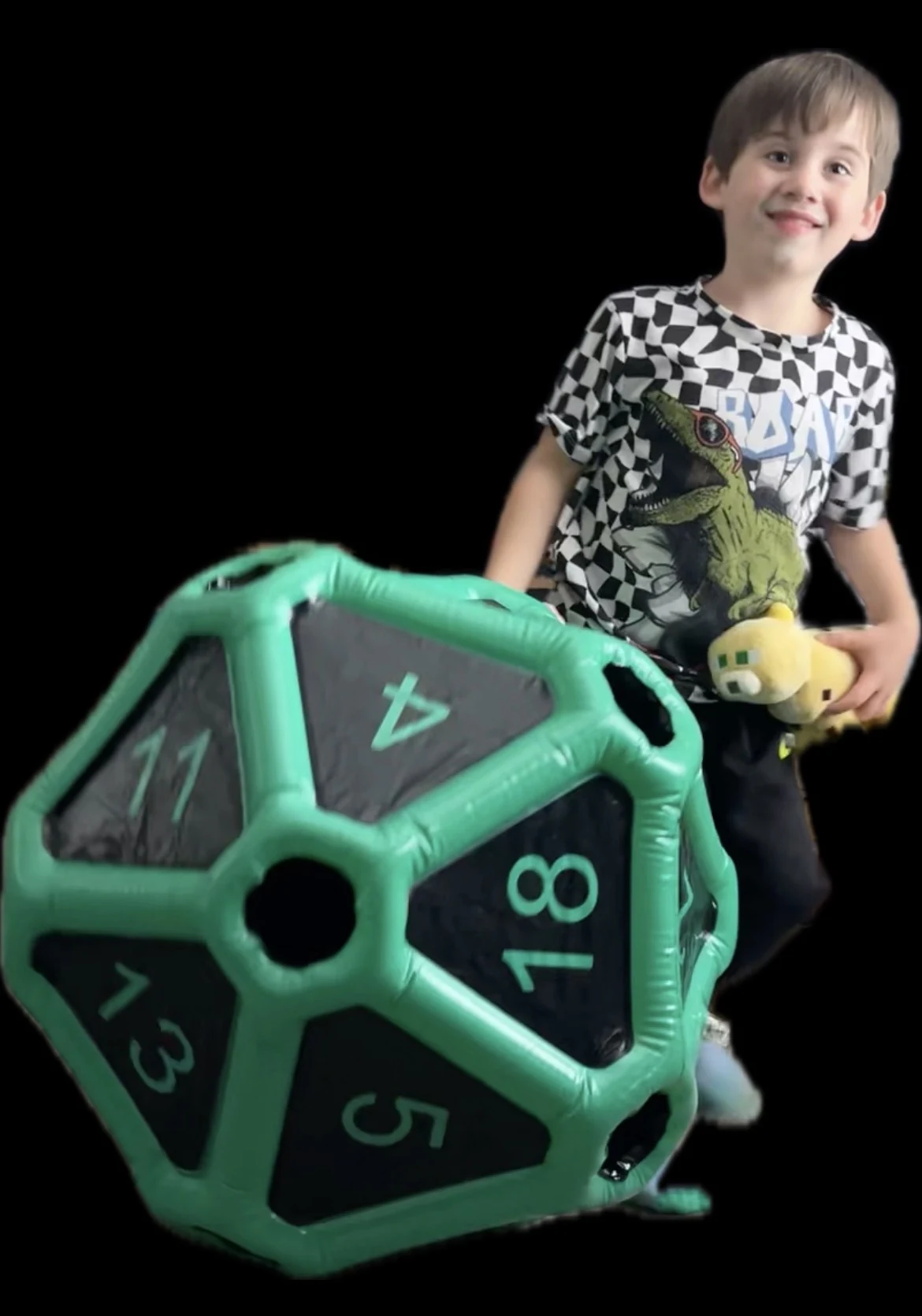 Young participant with a giant inflatable twenty-sided die