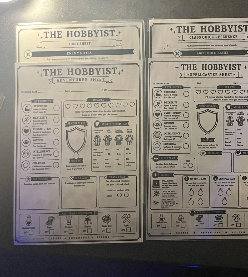 Hobbyist player sheets, Host references, cards and practical tabletop tools