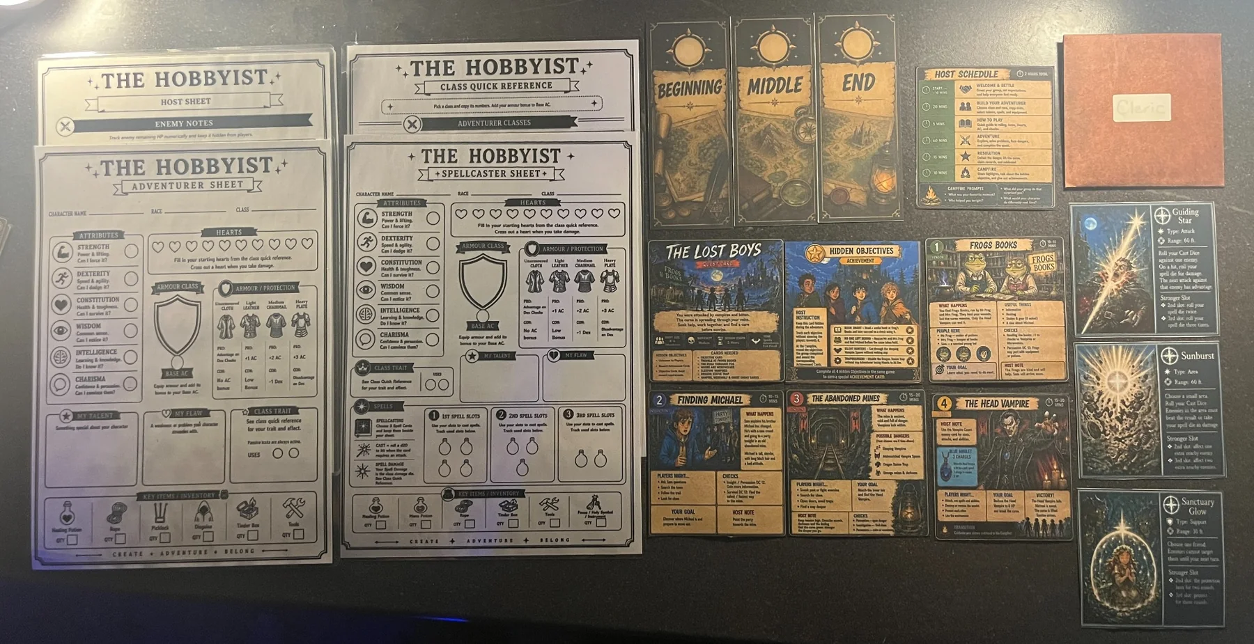 Hobbyist player sheets, cards, dice and practical table materials arranged together